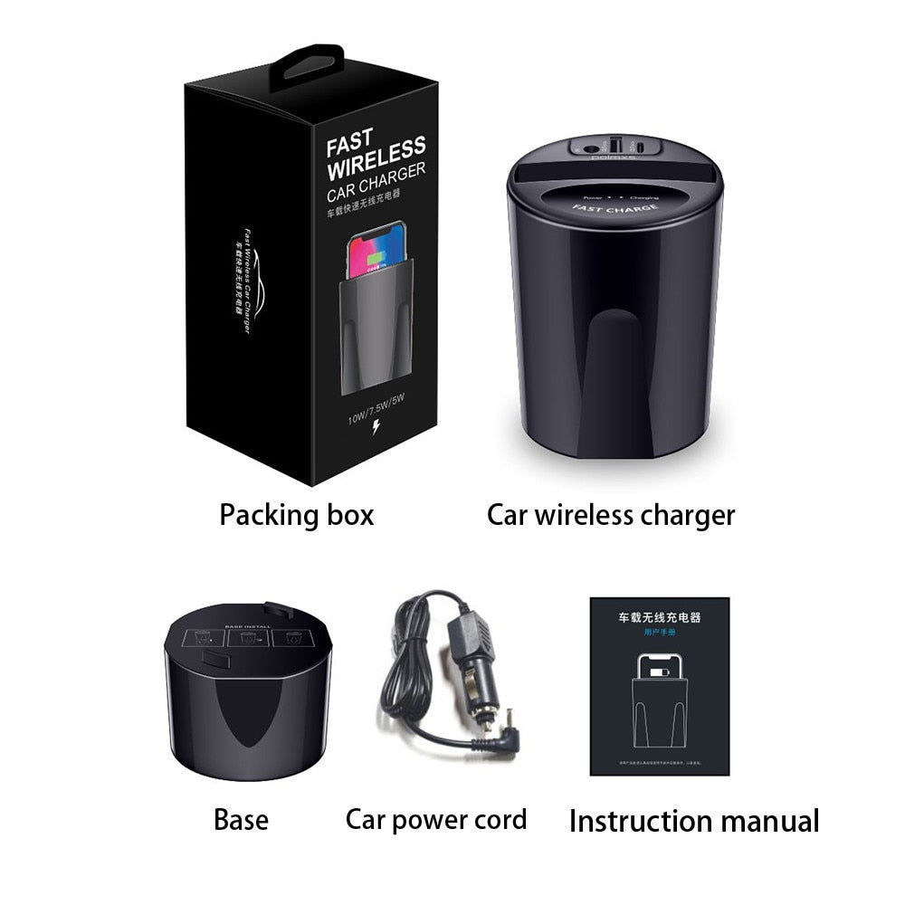 10W wireless phone charger for a cup holder with 2 USB sockets